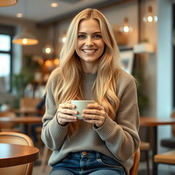 A 35-year-old Danish woman with long blonde hair, smiling warmly