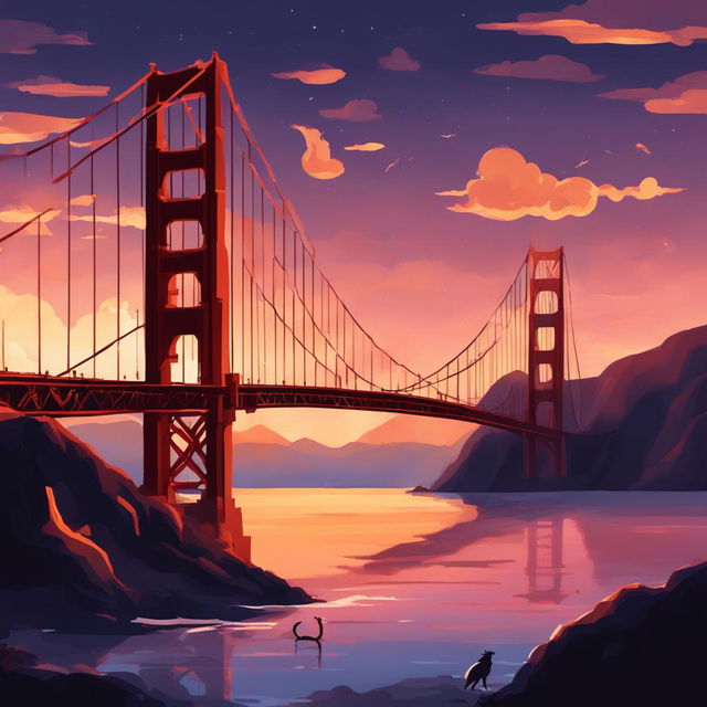 Golden Gate Bridge in Pokemon style with Pokemon silhouettes against twilight sky.