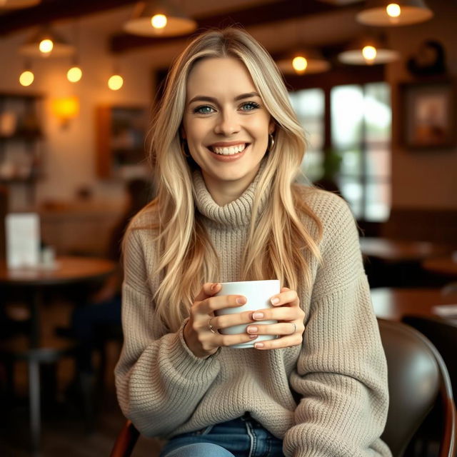 A 35-year-old Danish woman with long blonde hair, smiling warmly