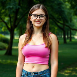 A full body portrait of a 21-year-old Russian woman in a park setting