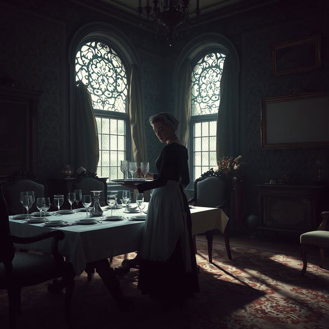 A moody, atmospheric scene depicting a vintage, elegant housemaid preparing a grand dining table in a lavish Victorian mansion