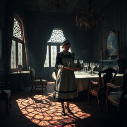 A moody, atmospheric scene depicting a vintage, elegant housemaid preparing a grand dining table in a lavish Victorian mansion