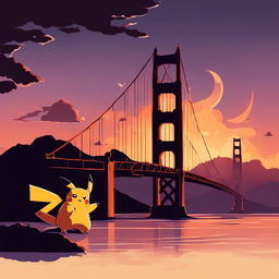 Golden Gate Bridge in Pokemon style with Pokemon silhouettes against twilight sky.