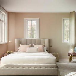 Spacious and modern bedroom with a luxurious king-size bed, elegant furniture, pastel-colored walls, plush carpeting, and ample natural light through large windows.