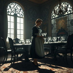 A moody, atmospheric scene depicting a vintage, elegant housemaid preparing a grand dining table in a lavish Victorian mansion