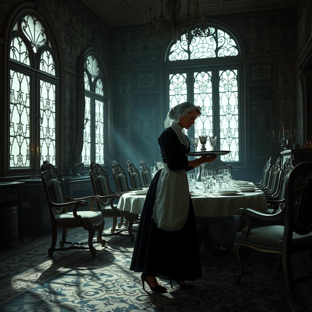 A moody, atmospheric scene depicting a vintage, elegant housemaid preparing a grand dining table in a lavish Victorian mansion