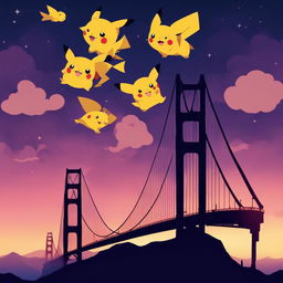 Golden Gate Bridge in Pokemon style with Pokemon silhouettes against twilight sky.