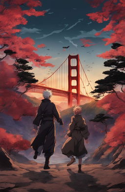 Golden Gate Bridge in Jujutsu Kaisen style with characters battling beneath it against a twilight sky.