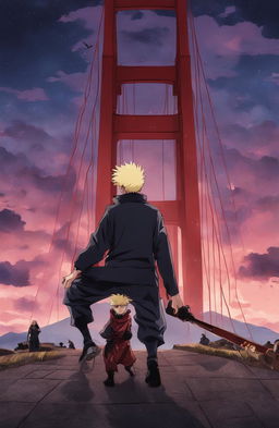 Golden Gate Bridge in Jujutsu Kaisen style with characters battling beneath it against a twilight sky.