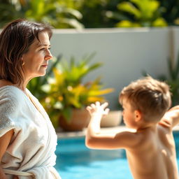 A mature brunette woman, wrapped in a soft, fluffy towel, is standing with an uncertain expression on her face as she watches a bully knocking down a young boy in a playful yet assertive manner