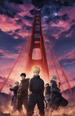 Golden Gate Bridge in Jujutsu Kaisen style with characters battling beneath it against a twilight sky.