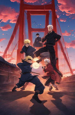 Golden Gate Bridge in Jujutsu Kaisen style with characters battling beneath it against a twilight sky.