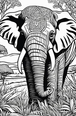 A detailed line art of an elephant on a savannah landscape in a coloring book page.