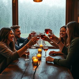 A cozy and intimate setting featuring a group of friends raising glasses in a jubilant cheers moment