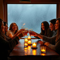 A cozy and intimate setting featuring a group of friends raising glasses in a jubilant cheers moment