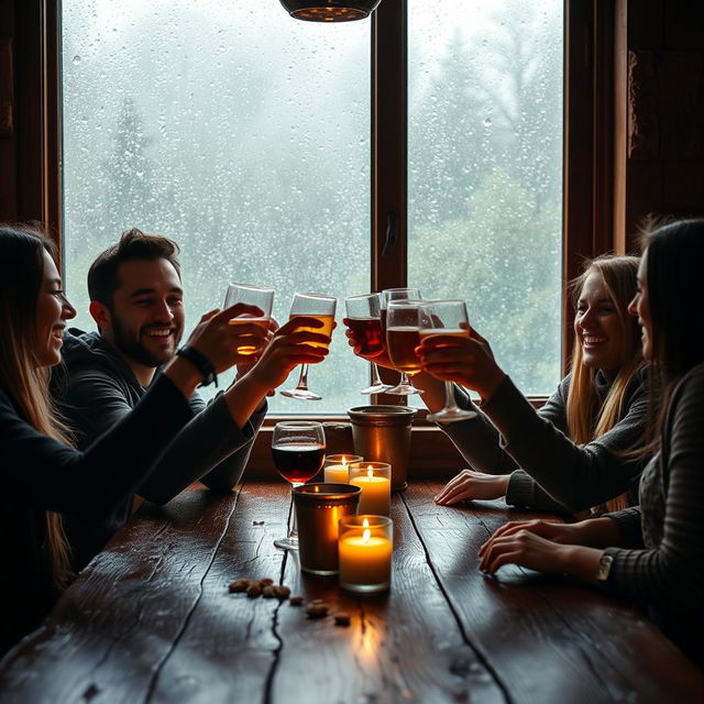 A cozy and intimate setting featuring a group of friends raising glasses in a jubilant cheers moment