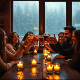 A cozy and intimate setting featuring a group of friends raising glasses in a jubilant cheers moment