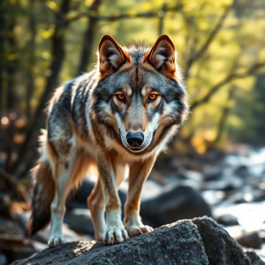 A stunning close-up photograph of a majestic wolf, showcasing its intense gaze and beautifully detailed fur