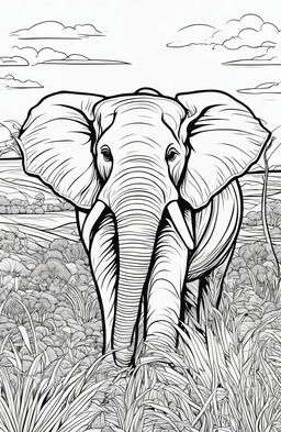 A detailed line art of an elephant on a savannah landscape in a coloring book page.