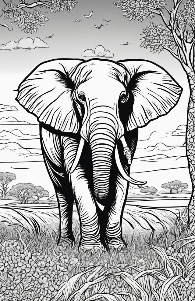 A detailed line art of an elephant on a savannah landscape in a coloring book page.