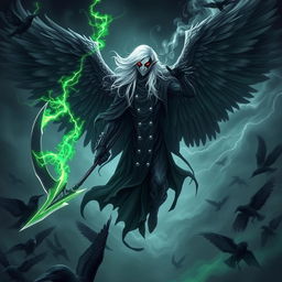 An edgy white pale elf Shadar-Kai, showcasing an imposing presence with his huge four wings made of swirling black mist and smoke extending majestically from his back