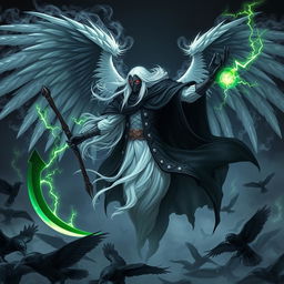 An edgy white pale elf Shadar-Kai, showcasing an imposing presence with his huge four wings made of swirling black mist and smoke extending majestically from his back