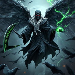 An edgy white pale elf Shadar-Kai, showcasing an imposing presence with his huge four wings made of swirling black mist and smoke extending majestically from his back
