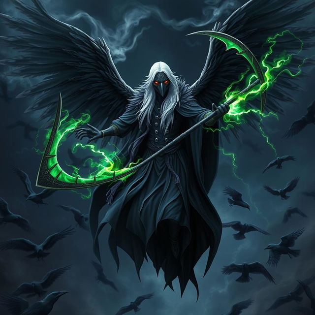 An edgy white pale elf Shadar-Kai, showcasing an imposing presence with his huge four wings made of swirling black mist and smoke extending majestically from his back