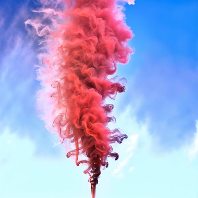 Raw photograph of vibrant orange and delicate pink smoke billowing against a clear baby blue sky in pastel coloring.