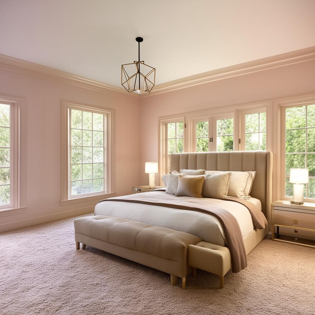 Spacious and modern bedroom with a luxurious king-size bed, elegant furniture, pastel-colored walls, plush carpeting, and ample natural light through large windows.