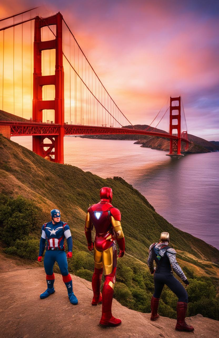 Golden Gate Bridge at sunset with Marvel superheroes including Iron Man, Spider-Man, Captain America and Thor.