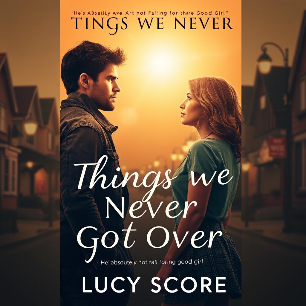 A captivating book cover design for 'Things We Never Got Over' by Lucy Score, featuring the tagline 'He’s absolutely not falling for the good girl