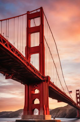 Golden Gate Bridge at sunset with Marvel superheroes including Iron Man, Spider-Man, Captain America and Thor.