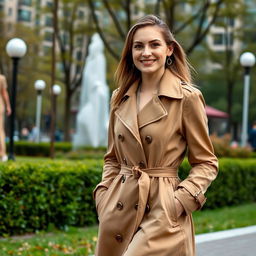 A stunning 38-year-old Danish woman with beautiful brown eyes and a charming smile, dressed in a stylish trench coat and sneakers, walking through an urban park
