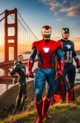 Golden Gate Bridge at sunset with Marvel superheroes including Iron Man, Spider-Man, Captain America and Thor.