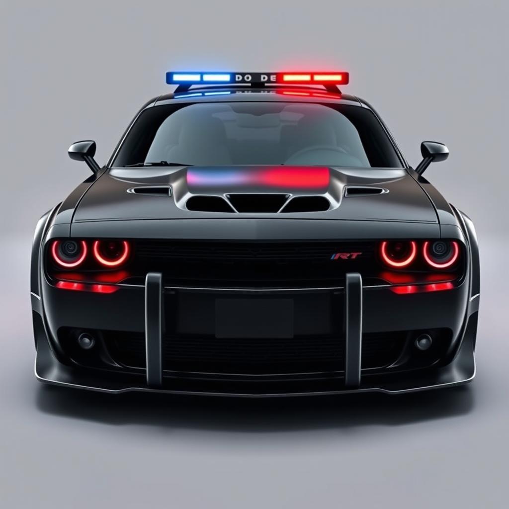 A striking dark black and white customized police car combining the elements of a 2020 Dodge Challenger SRT and a RAV4