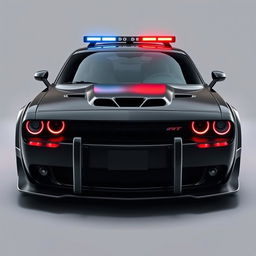 A striking dark black and white customized police car combining the elements of a 2020 Dodge Challenger SRT and a RAV4