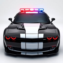A striking dark black and white customized police car combining the elements of a 2020 Dodge Challenger SRT and a RAV4