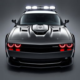 A striking dark black and white customized police car combining the elements of a 2020 Dodge Challenger SRT and a RAV4