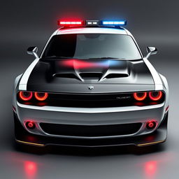 A striking dark black and white customized police car combining the elements of a 2020 Dodge Challenger SRT and a RAV4