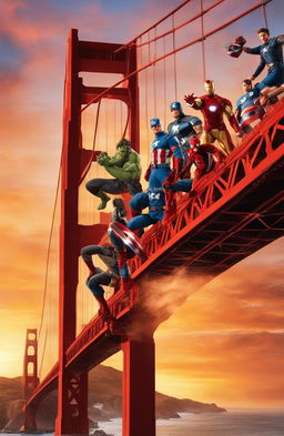 Golden Gate Bridge at sunset with Marvel superheroes including Iron Man, Spider-Man, Captain America and Thor.