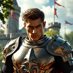 A handsome, muscular knight with a chiseled jawline and striking features, wearing a shining suit of armor that reflects the sunlight