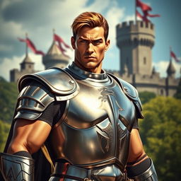 A handsome, muscular knight with a chiseled jawline and striking features, wearing a shining suit of armor that reflects the sunlight