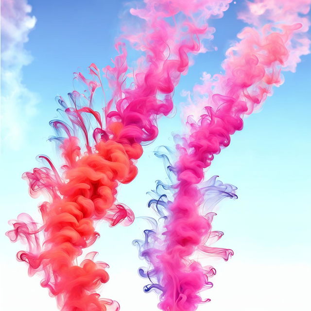 Pastel orange and pink smoke swirling against a baby blue sky in a digital art piece.