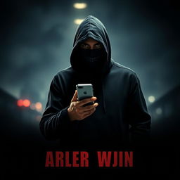 A thriller movie poster featuring a mysterious masked man wearing a black hoodie, holding a mobile phone in one hand while looking intently into the distance