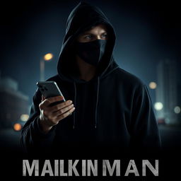 A thriller movie poster featuring a mysterious masked man wearing a black hoodie, holding a mobile phone in one hand while looking intently into the distance