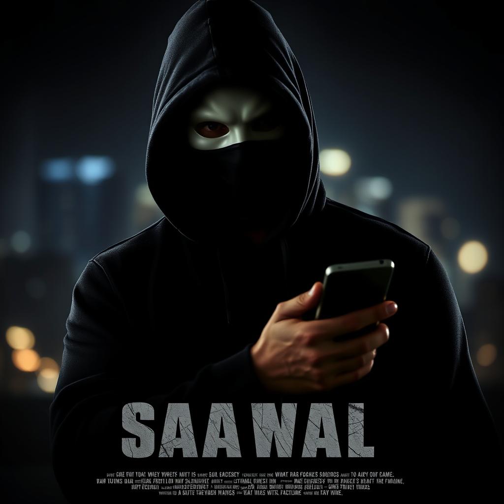 A thriller movie poster featuring a mysterious masked man wearing a black hoodie, holding a mobile phone in one hand while looking intently into the distance