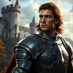 A handsome and brooding knight with a strong physique and striking features, donned in intricately detailed shining armor