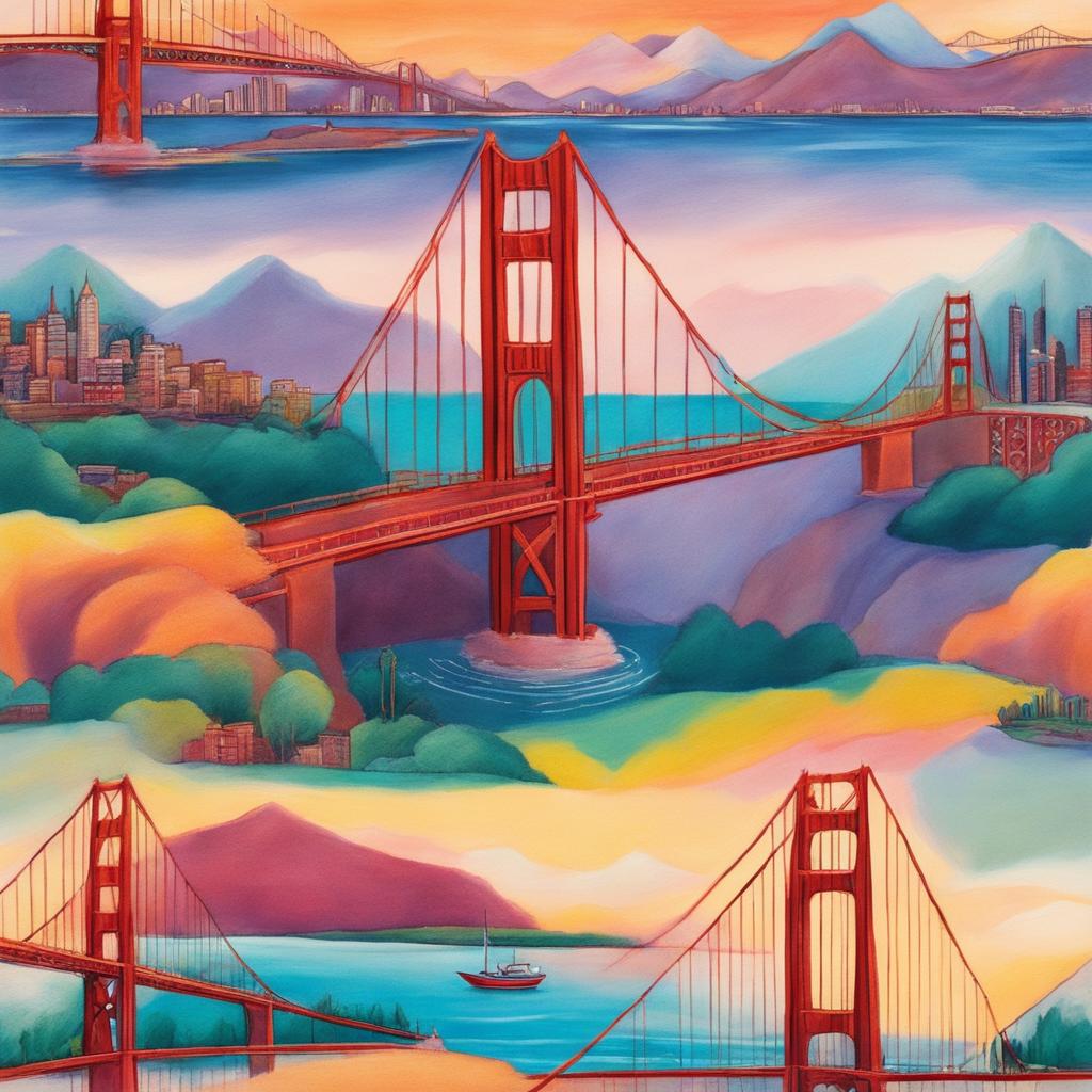 Simpsons-style Golden Gate Bridge rendered in soft pastels with a cheerful cityscape in the background.