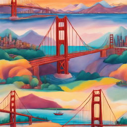 Simpsons-style Golden Gate Bridge rendered in soft pastels with a cheerful cityscape in the background.